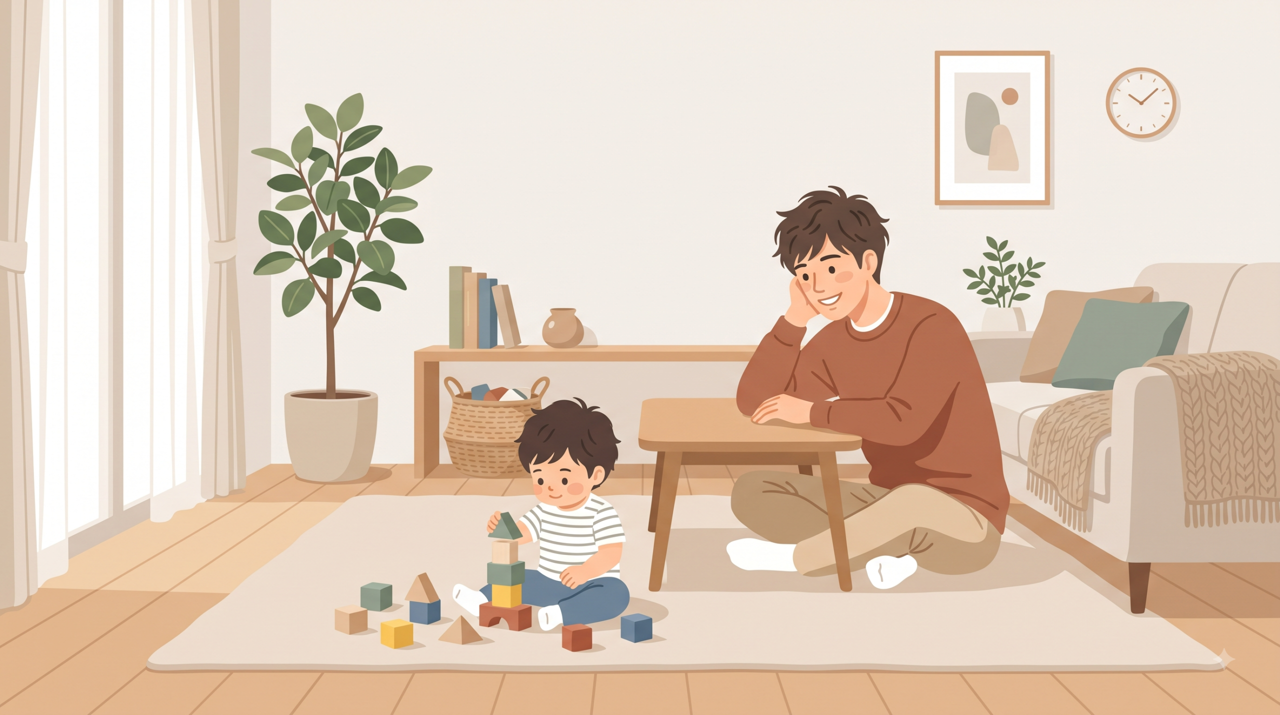 怒らない子育てに取り組むワーパパと子どものイラスト